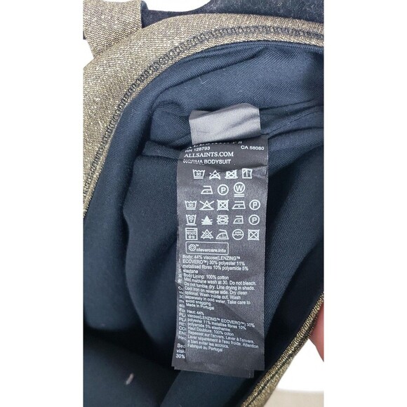 AllSaints Bodysuit Womens 6 Gold Metallic High Neck Racerback Zip Back Shimmer - Picture 6 of 9